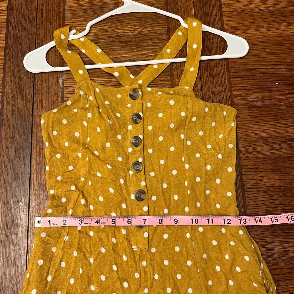 American Eagle Mustard Yellow Polka Dot Romper XS Button Front Cross Back Summer - Picture 5 of 11